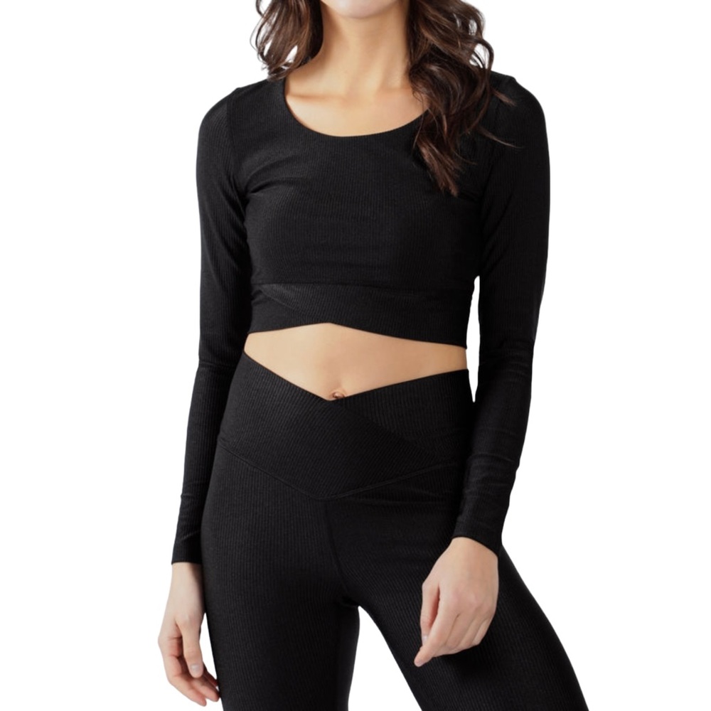 90 DEGREE By REFLEX Shiny Ribbed Long Sleeve Twist Crop Top - Black